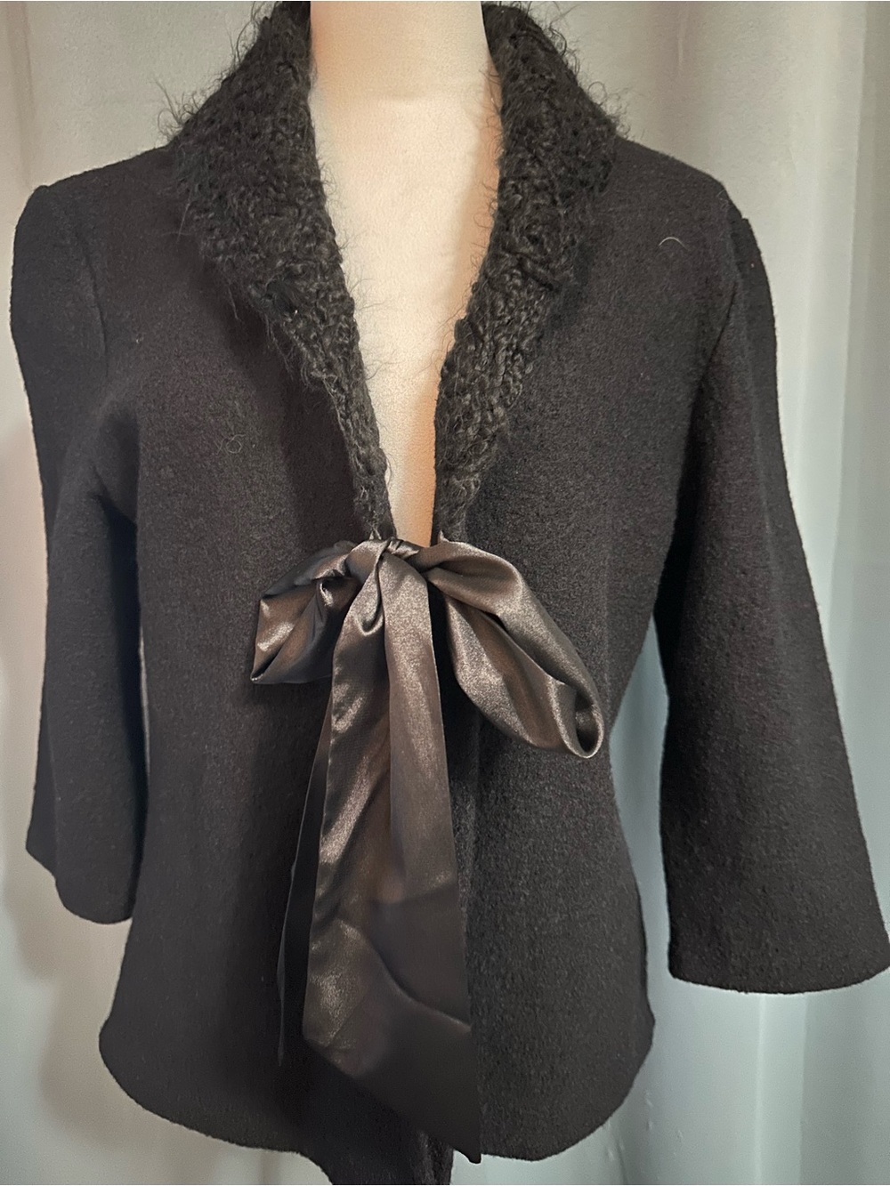 Coldwater Creek Black 100% Wool Jacket M Faux Fur Collar Satin Bow NWT
